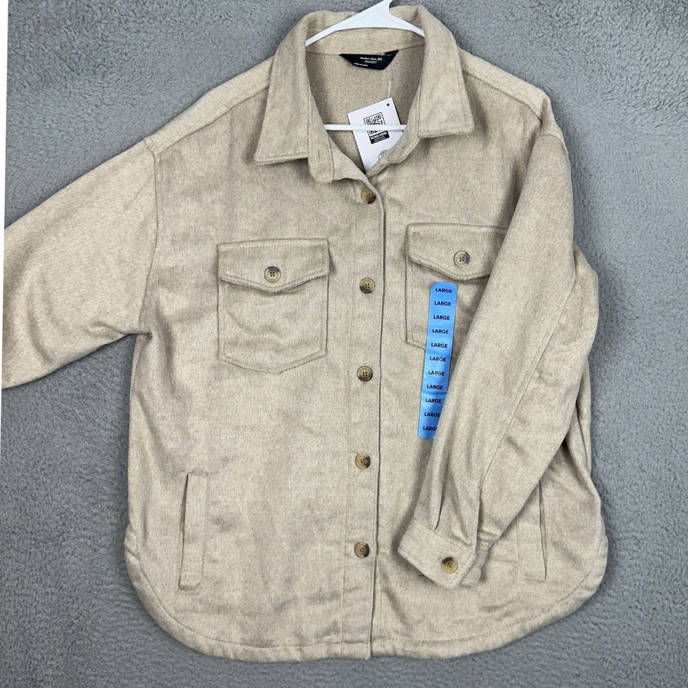 NEW Members Mark Shacket Womens Large Button Up Beige Flap Pockets Long Sleeve